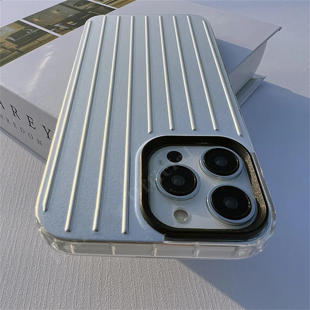 Stylish Business Luggage Phone Case For iPhone Cover Hard 3D Stripe Silver Case